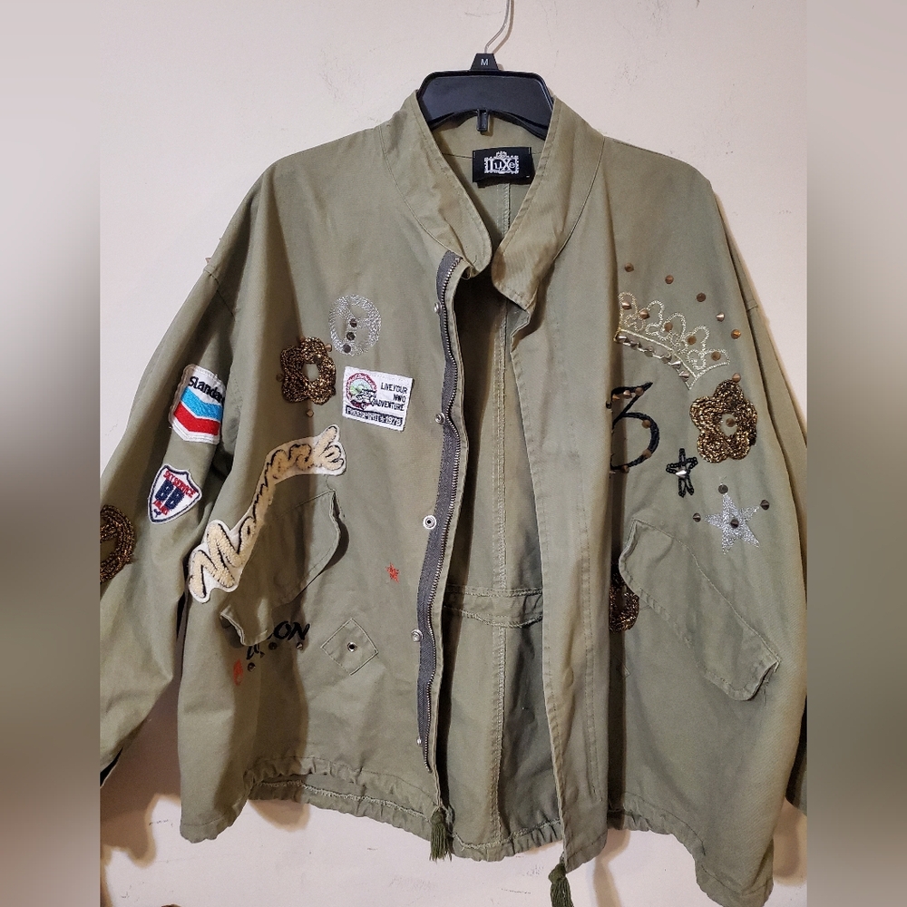 Military Punk Spike Army Style Olive Green Jacket Patches Y2k